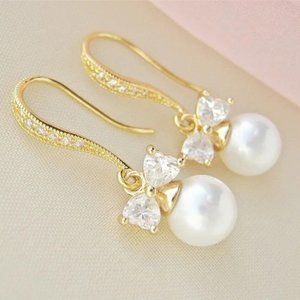 Glass Pearl Earrings, Yellow Gold, Diamond Zirconia Bow Accents